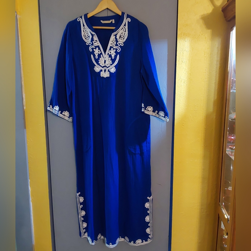 Soft Surroundings Blue Embroidered Kaftan Dress